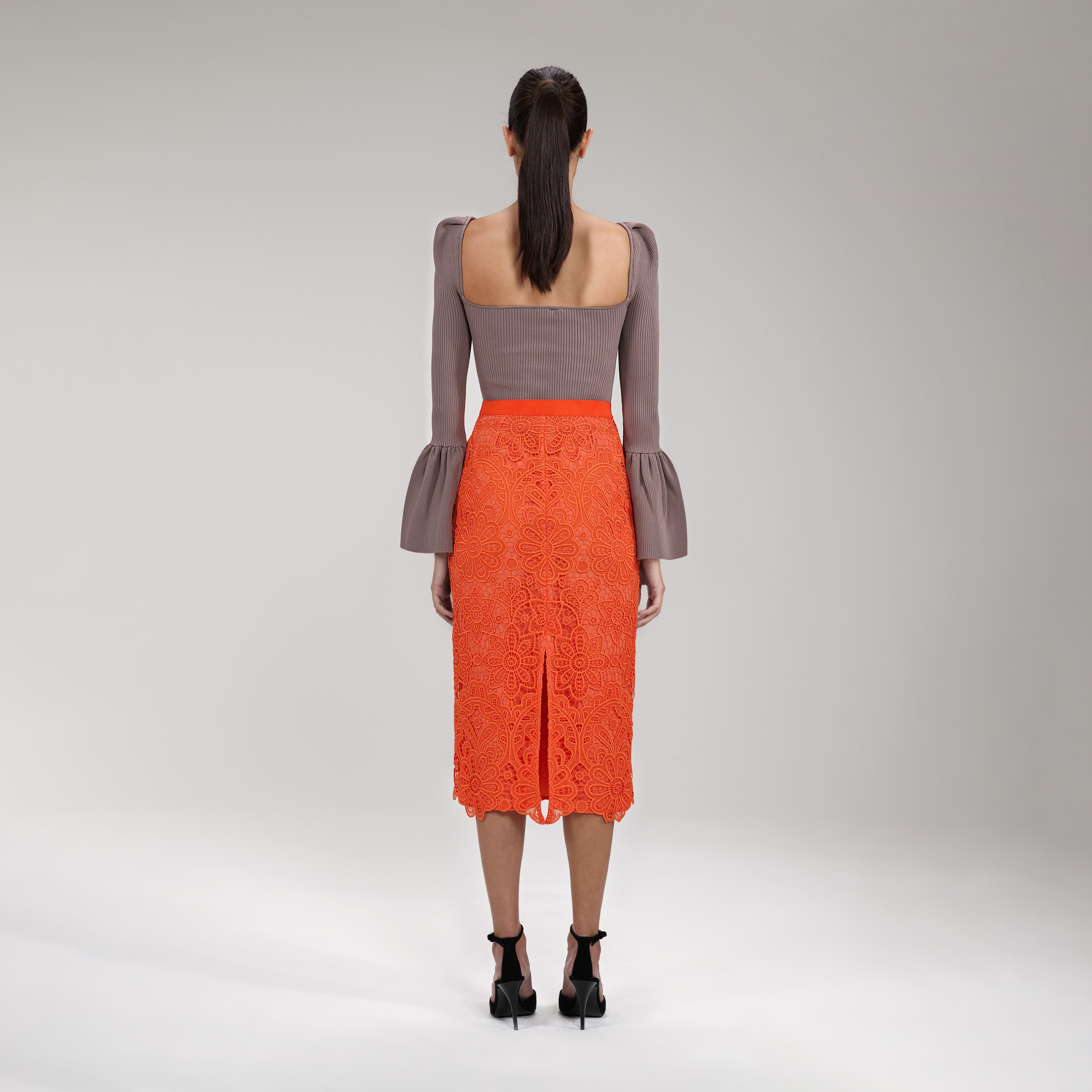 Orange Floral Guipure Midi Skirt - 3