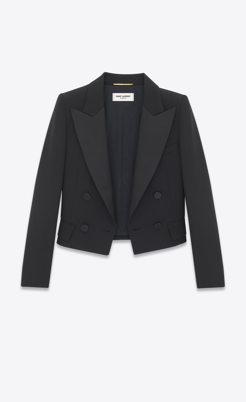 SAINT LAURENT cropped tuxedo jacket in grain de poudre outlook
