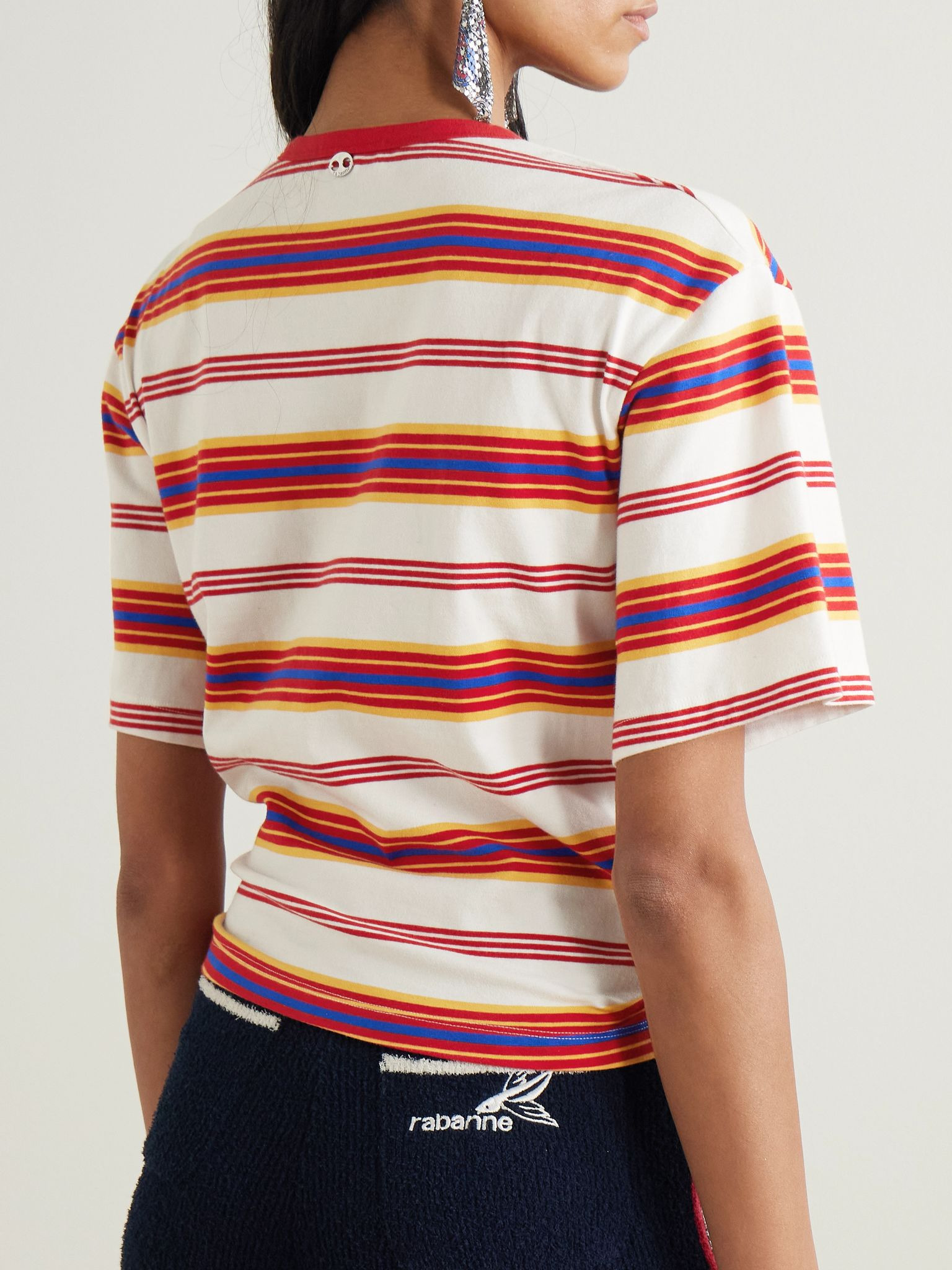 Embellished striped cotton-blend jersey T-shirt Red - 3