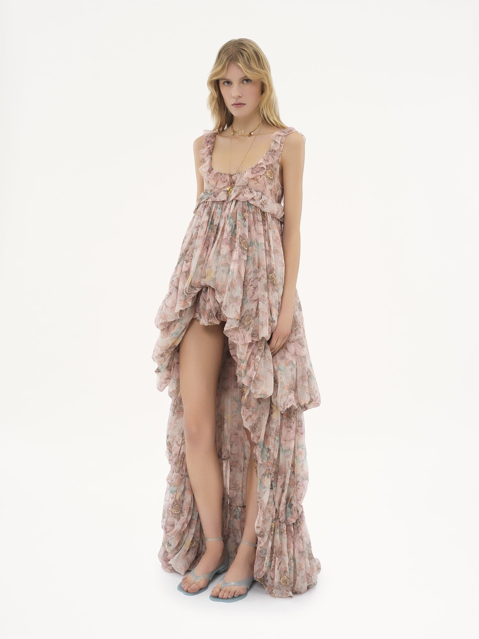 HIGH-LOW RUFFLED DRESS IN SILK MOUSSELINE - 4