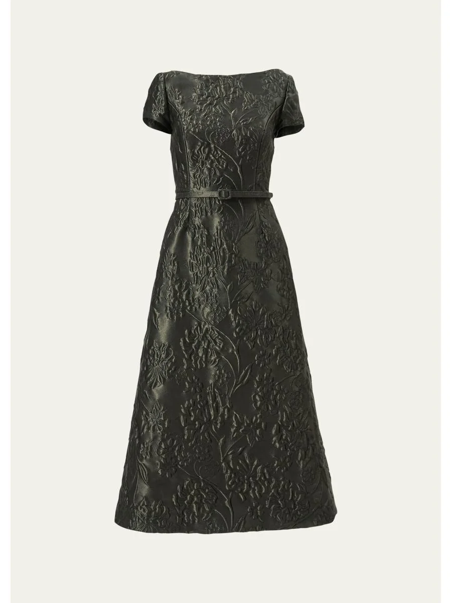 Boat-Neck Floral Textured Jacquard Belted Midi Dress - 1