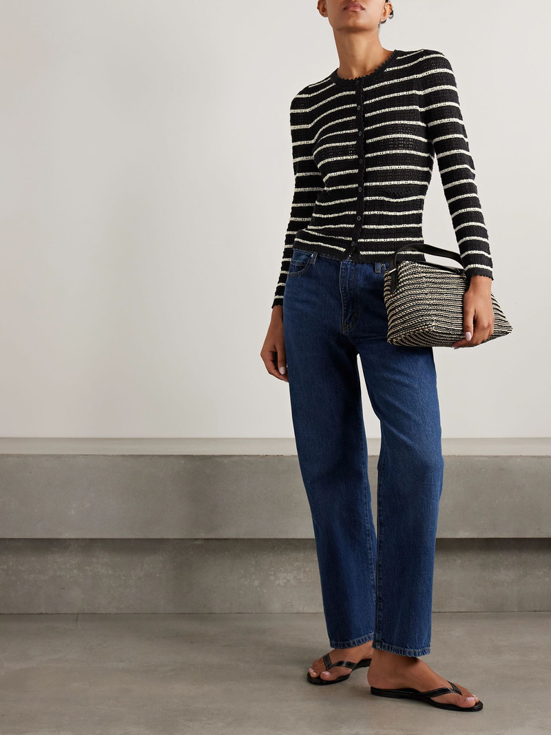 DÔEN Therese striped pointelle-knit Pima cotton and silk-blend cardigan Black outlook