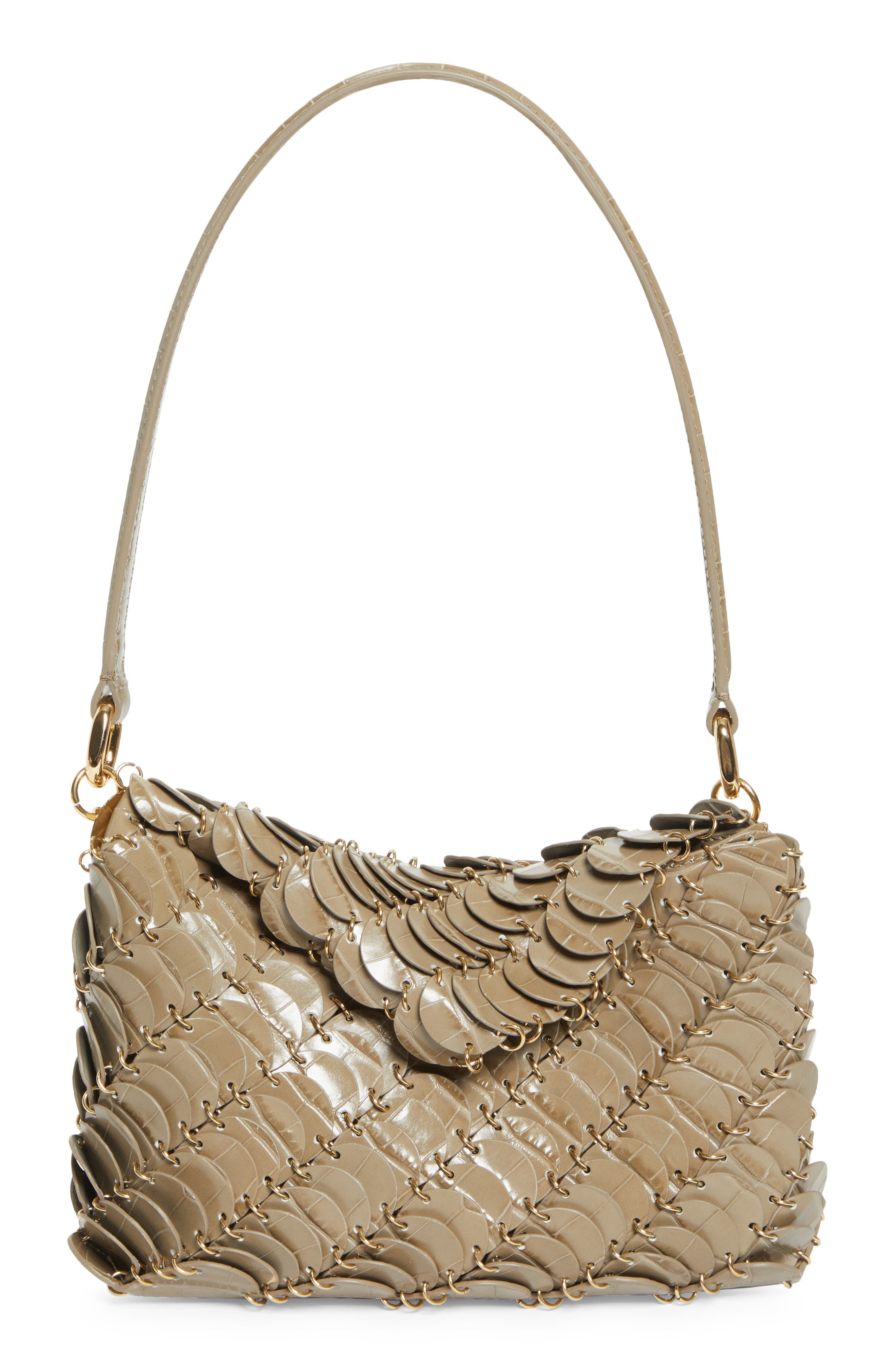 Rabanne Paco Croc Embossed Leather Shoulder Bag in Taupe /Gold at Nordstrom - 1