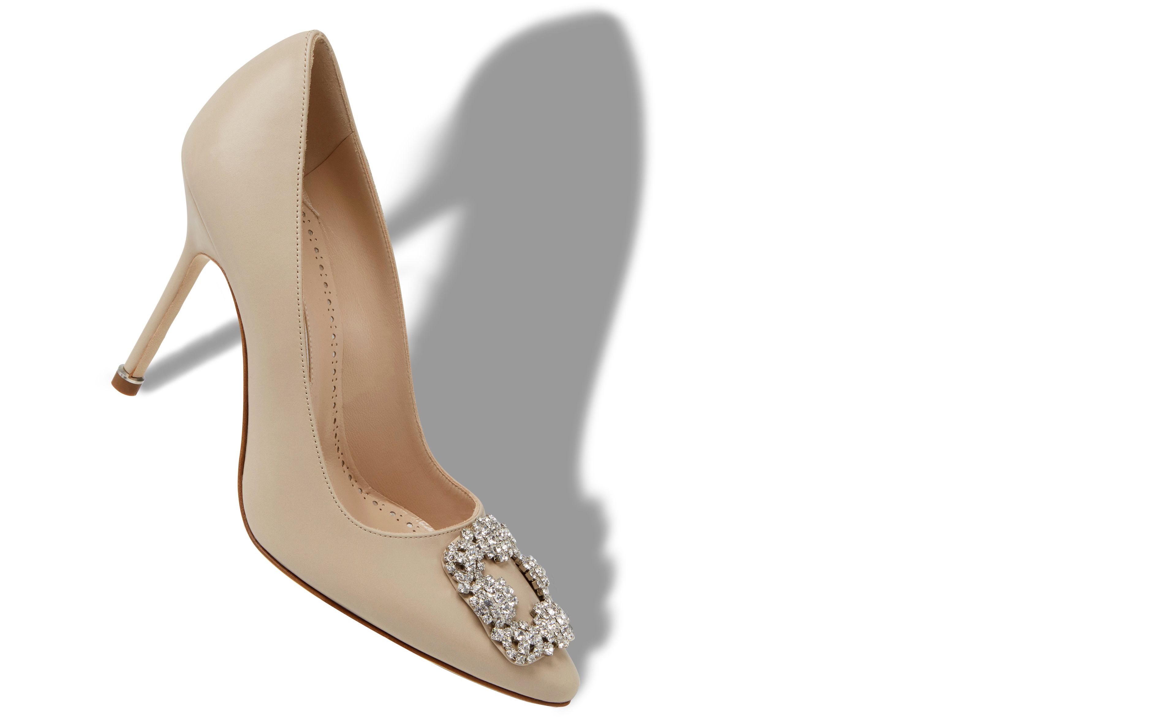 Light Beige Calf Leather Jewel Buckle Pumps - 2