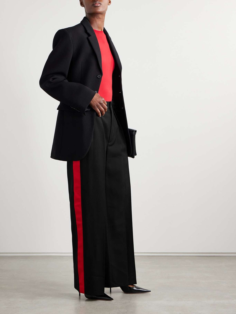 WARDROBE.NYC Pleated silk-satin trimmed wool-piqué wide-leg pants Black outlook