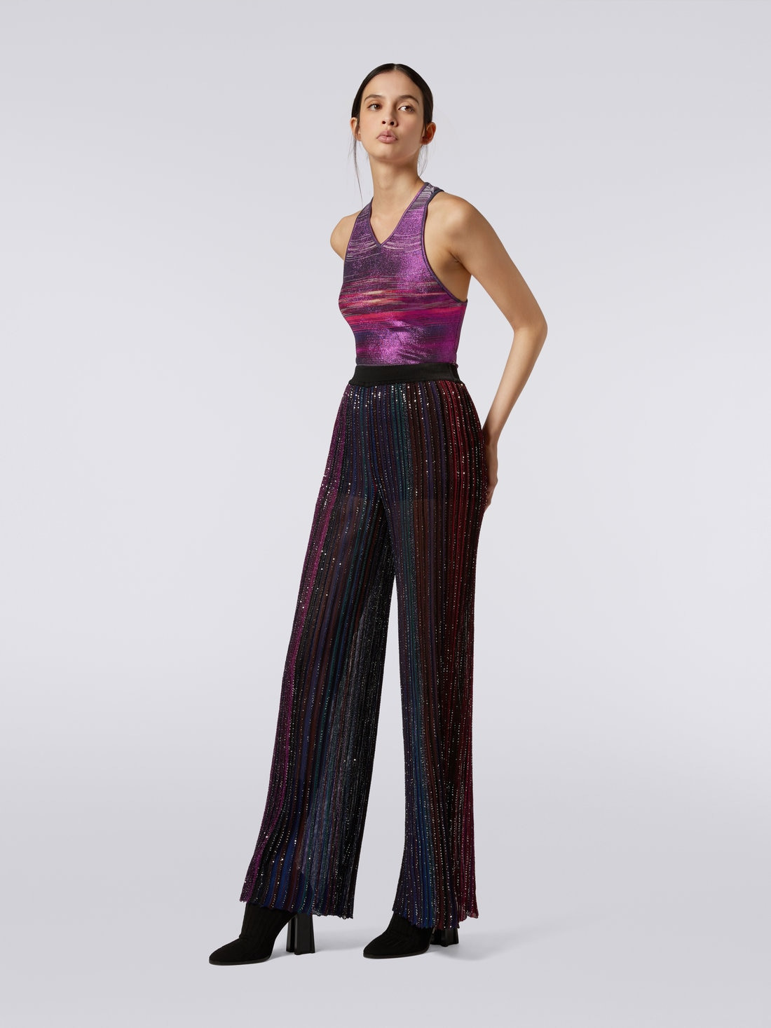 Flared pleated viscose blend trousers with sequins - 3