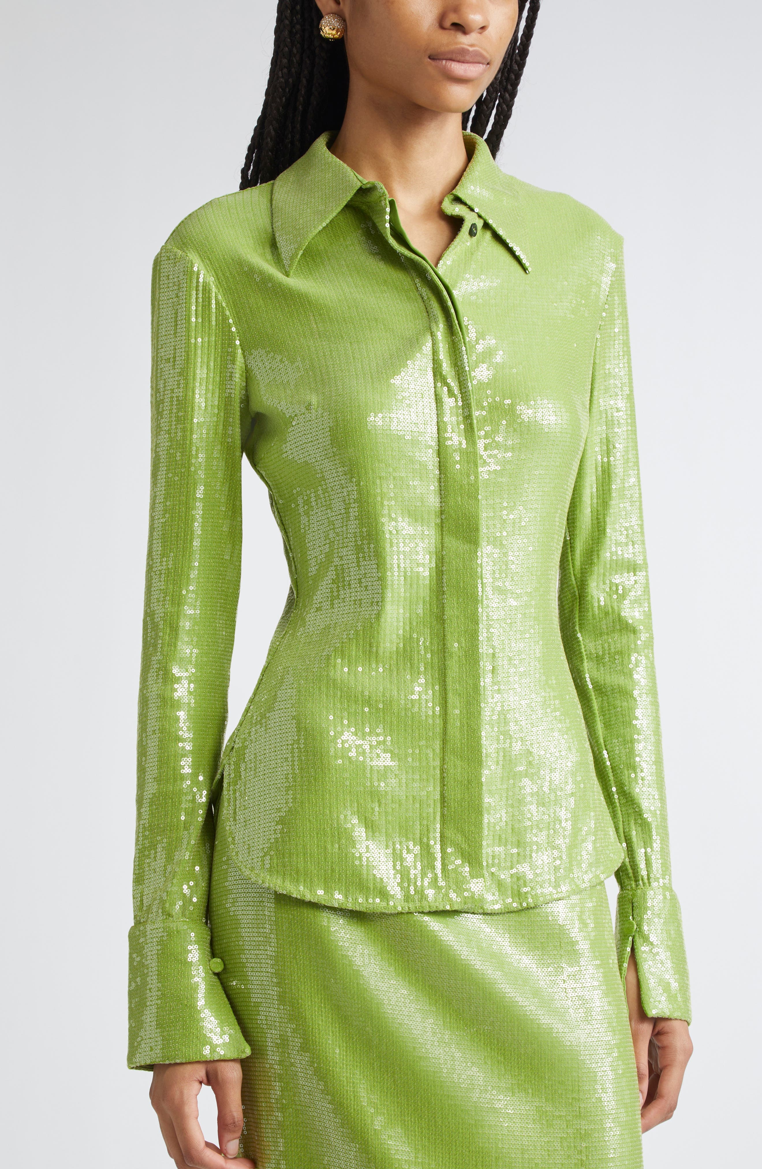 Oscar de la Renta Sequin Jersey Button-Up Shirt in Fern at Nordstrom - 5