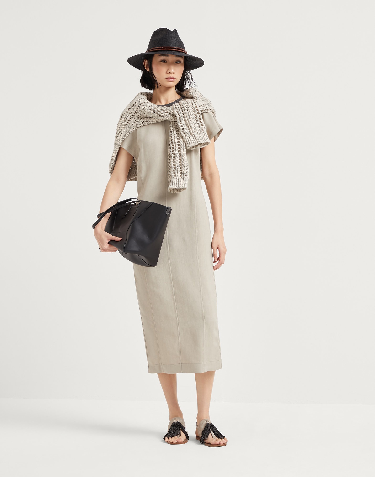 Viscose and linen fluid twill dress with precious collar - 5