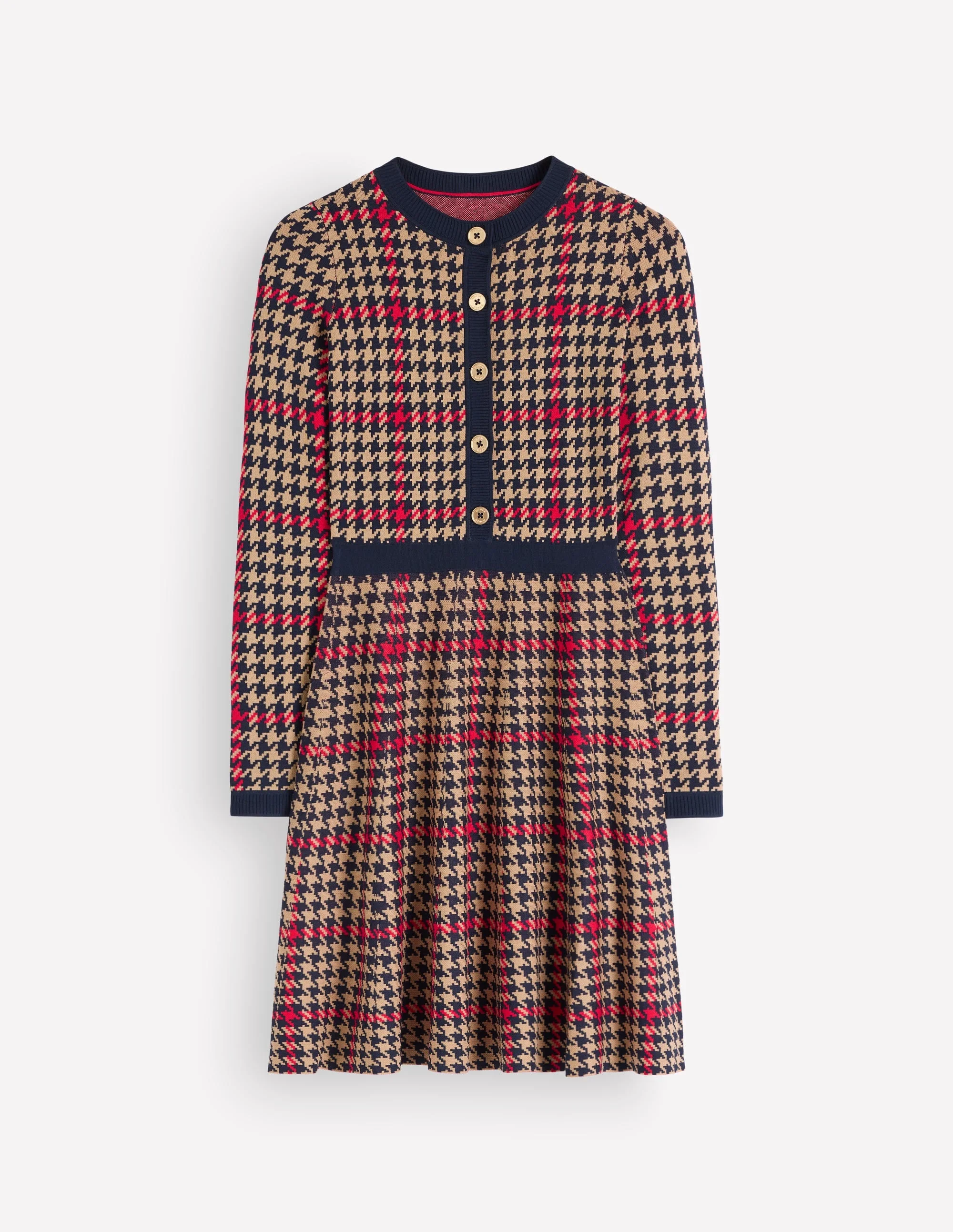 Crew Neck Jacquard Dress-Navy, Camel, Red Check - 1