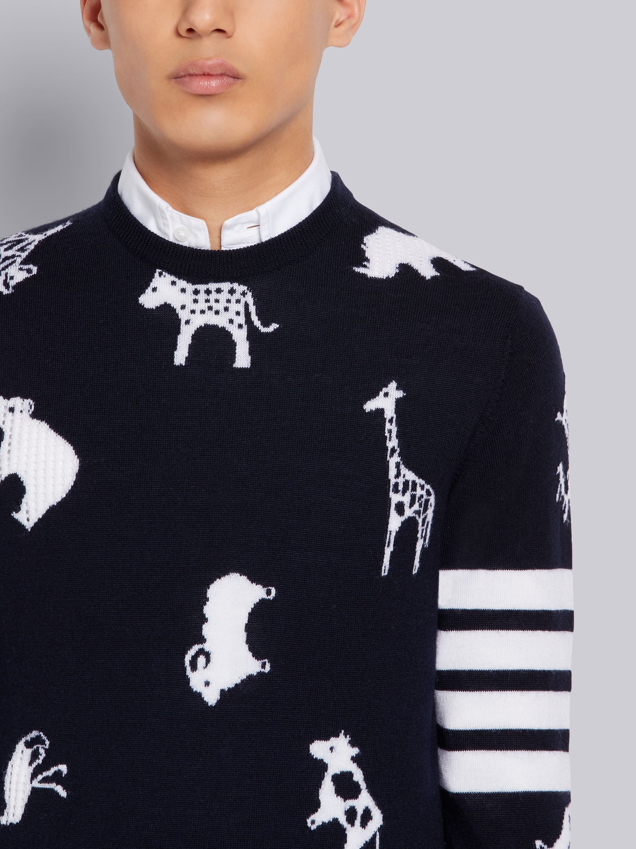 Navy Fine Merino Wool Animal Icon Crewneck 4-Bar Pullover - 5