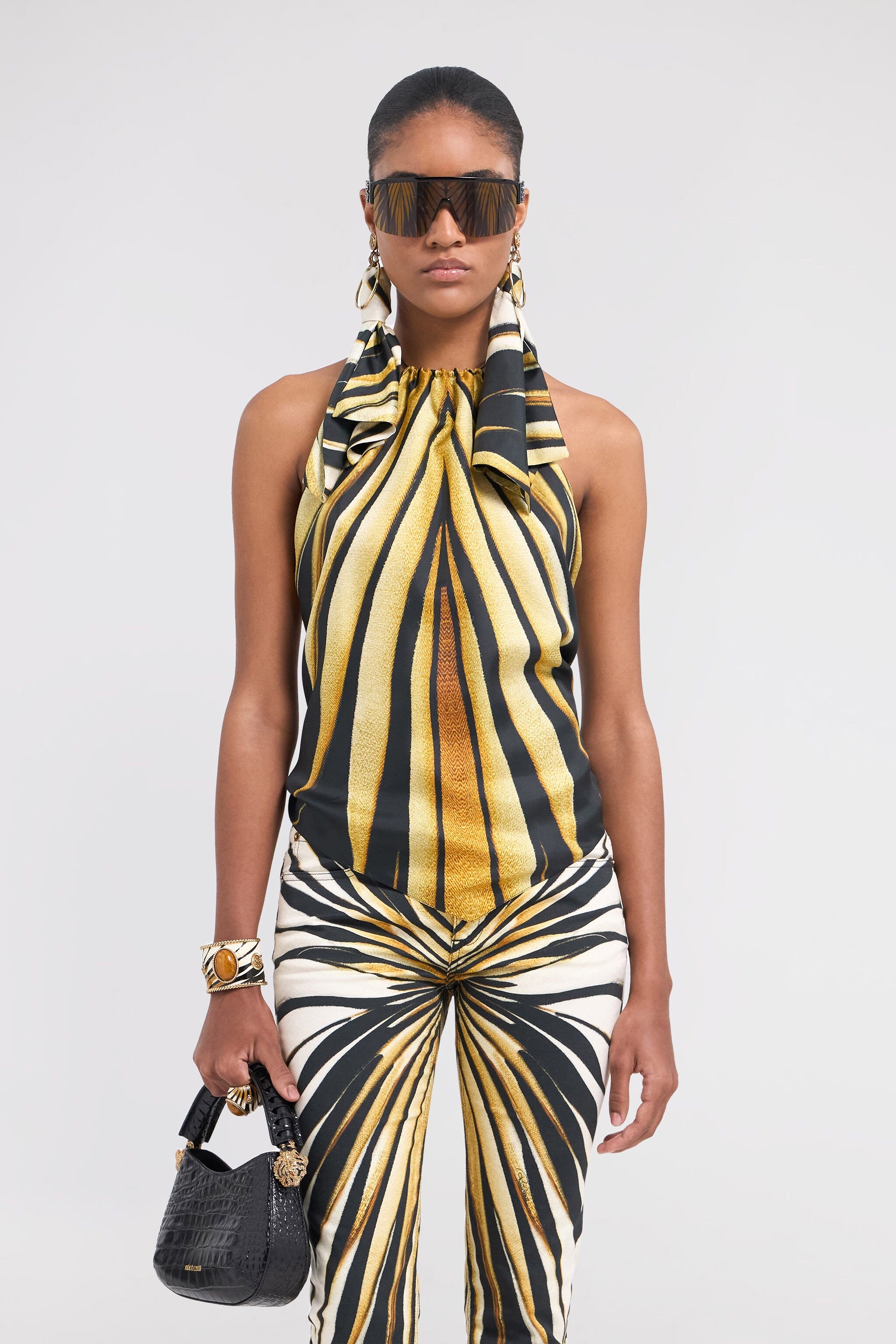 Ray Of Gold Print Silk Halter Top - 3