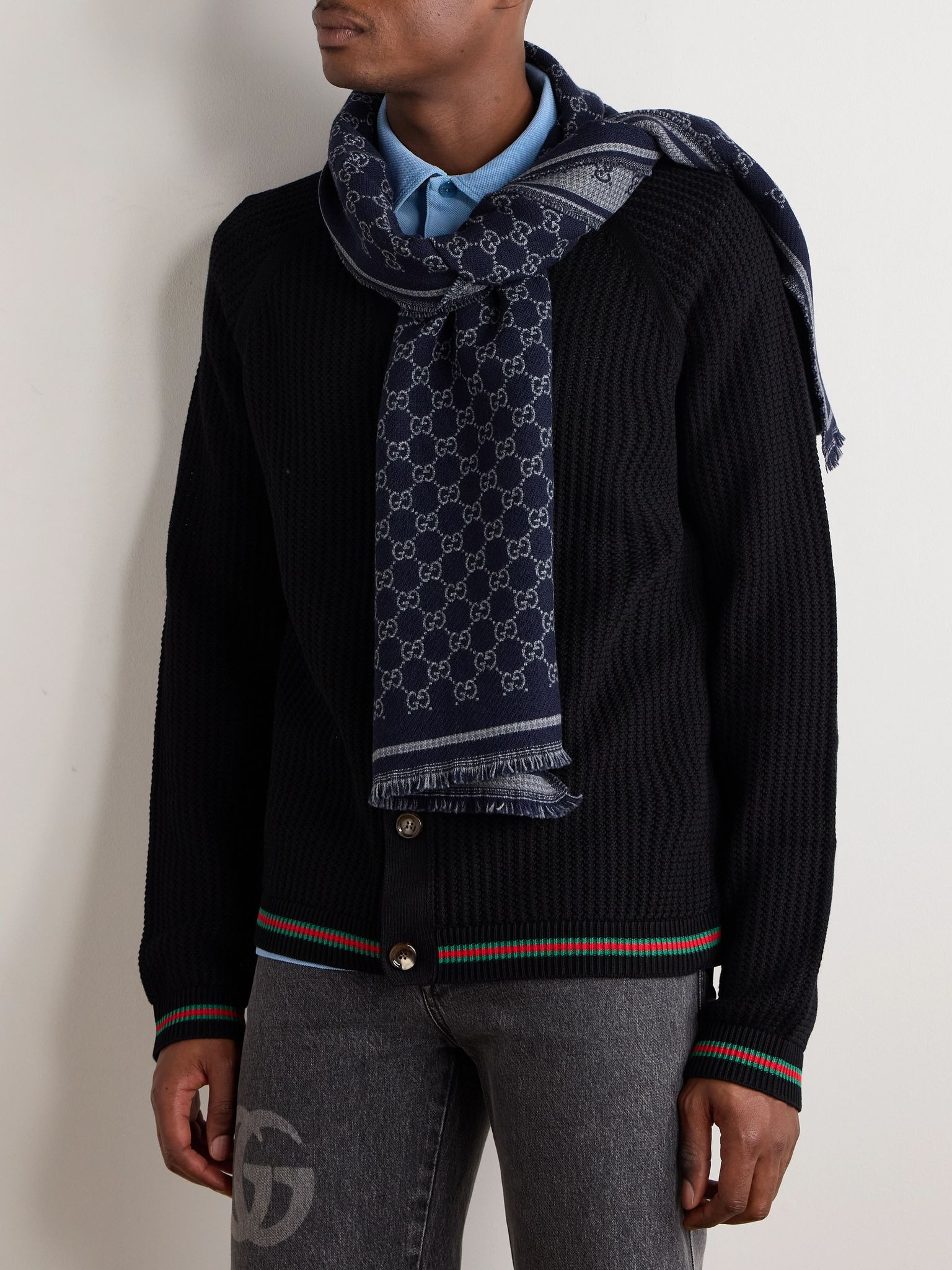Fringed Logo-Jacquard NATIVA™ Regenerative Wool Scarf Blue - 2