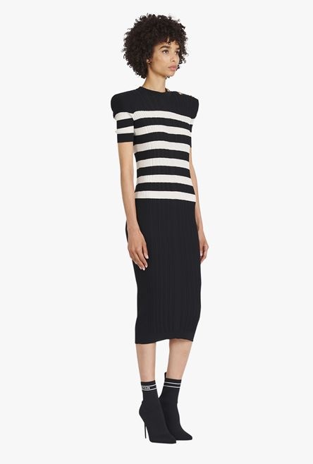 Mid-length black and nude striped knit dress - 7