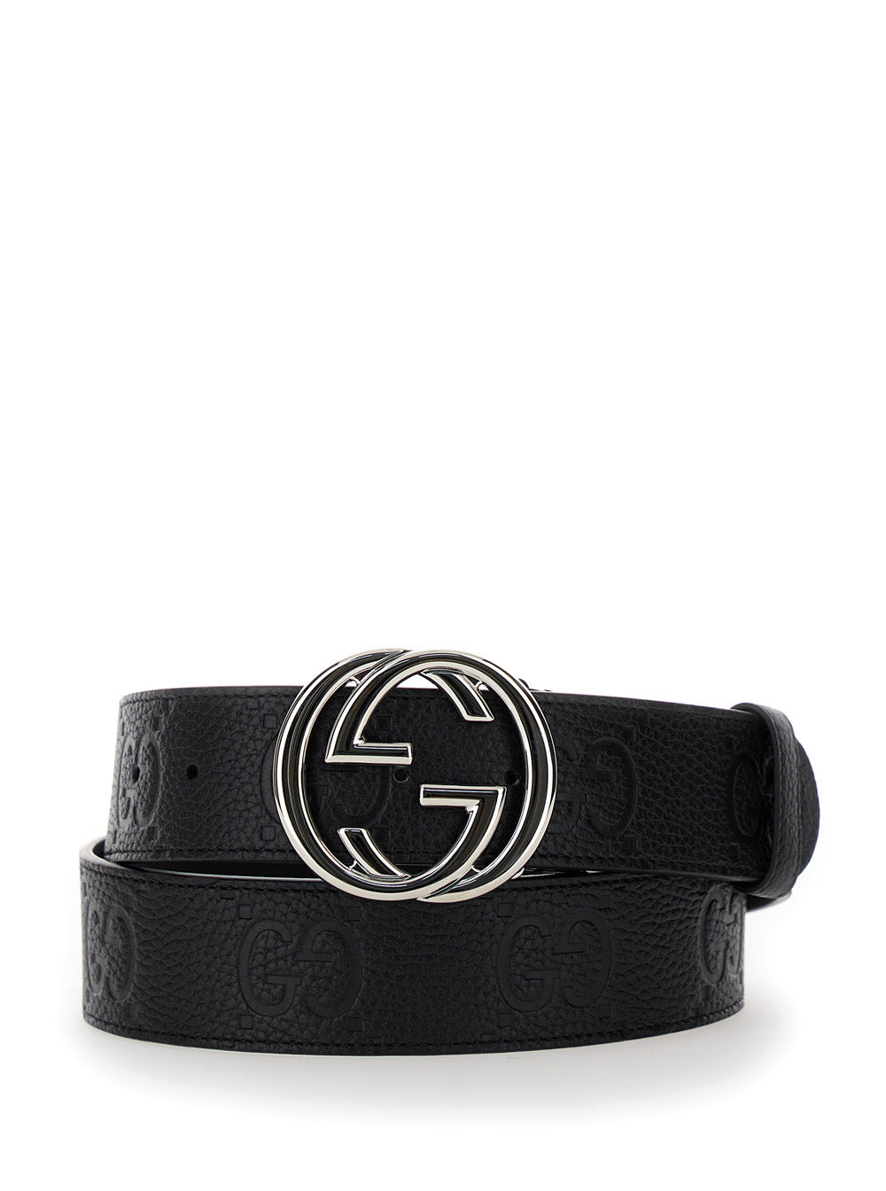 Gucci Men Black Belt With Interlocking G Buckle In Gg Jumbo Leather Man - 1