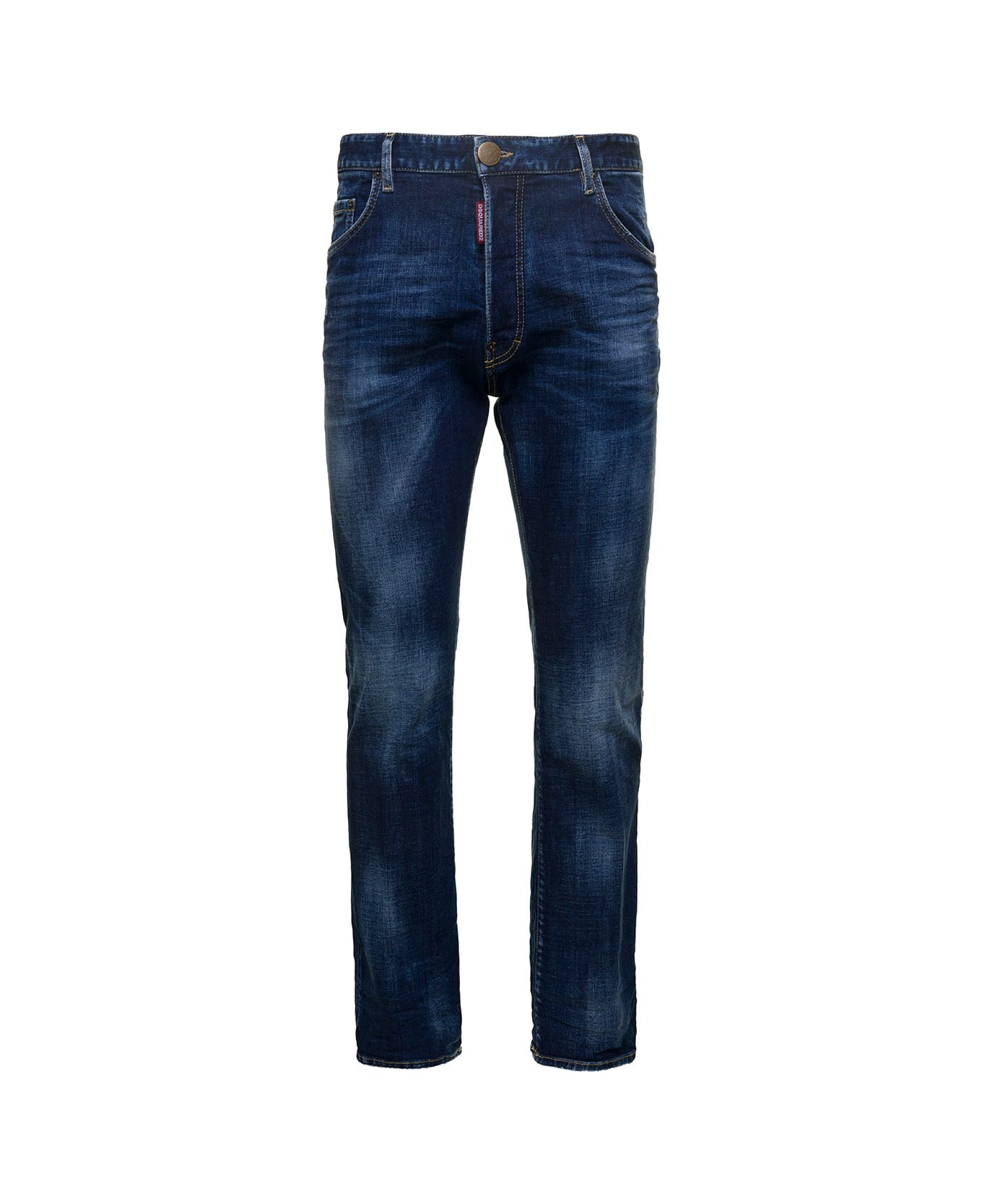 Blue Straight Jeans With Logo Patch And Faded Effect In Stretch Cotton Denim Man - 1