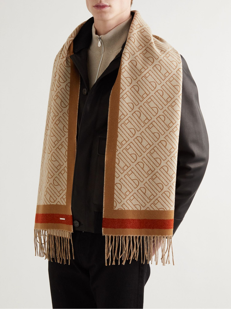 Loro Piana Fringed Logo-Jacquard Cashmere Scarf Tan outlook