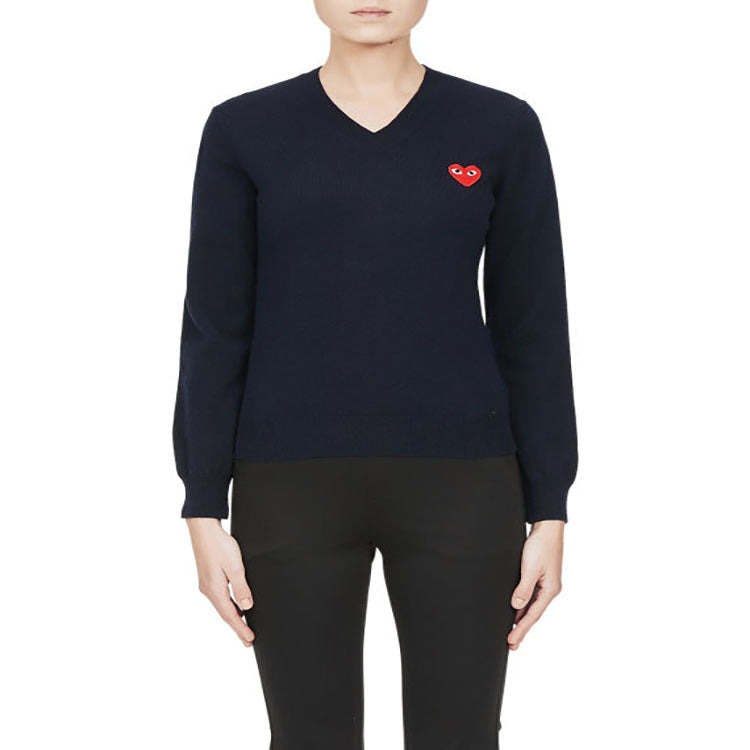 (WMNS) COMME des GARCONS PLAY V-Neck L/S T-shirt Red Emblem 'Navy' AZ-N001-051-2 - 2