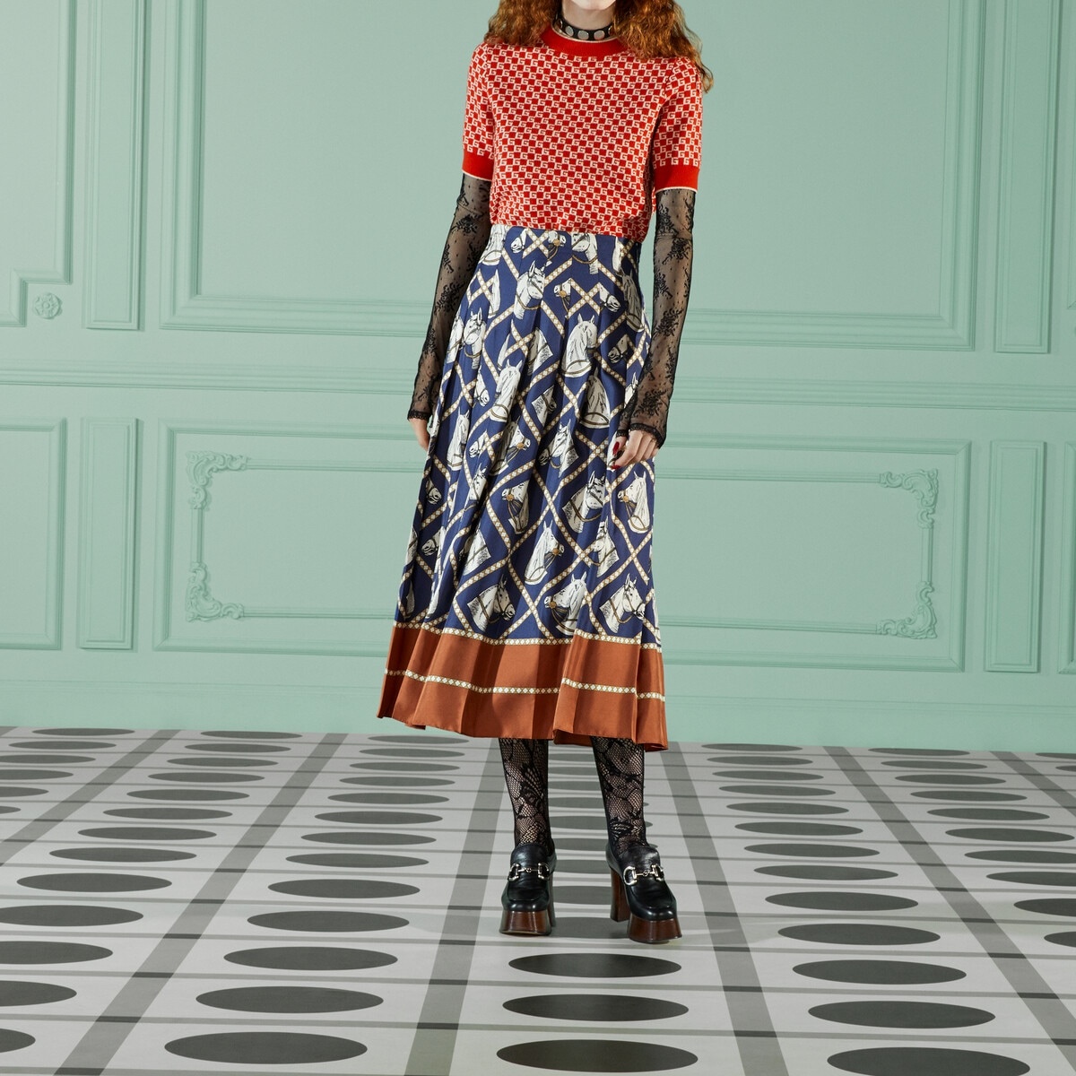 Check equestrian print silk skirt - 5