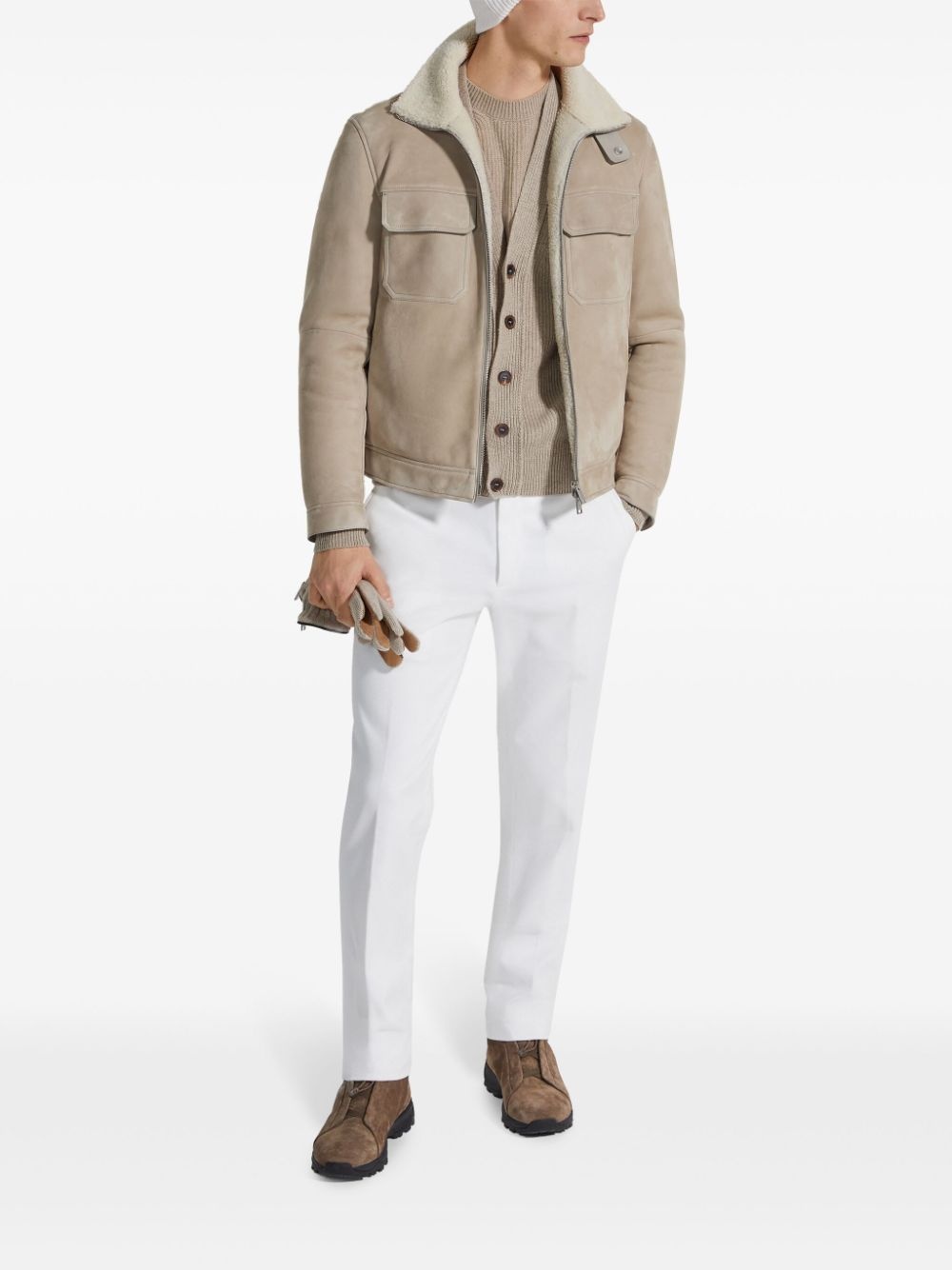 shearling-collar suede jacket - 2