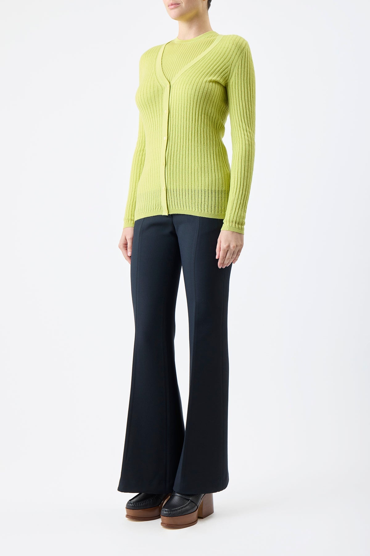 Emma Pointelle Cardigan in Lime Adamite Silk Cashmere - 3