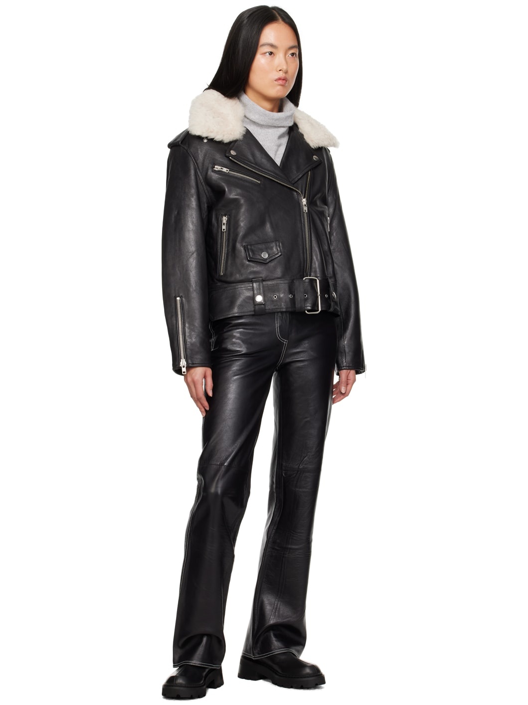 Black Livia Biker Leather Jacket - 4