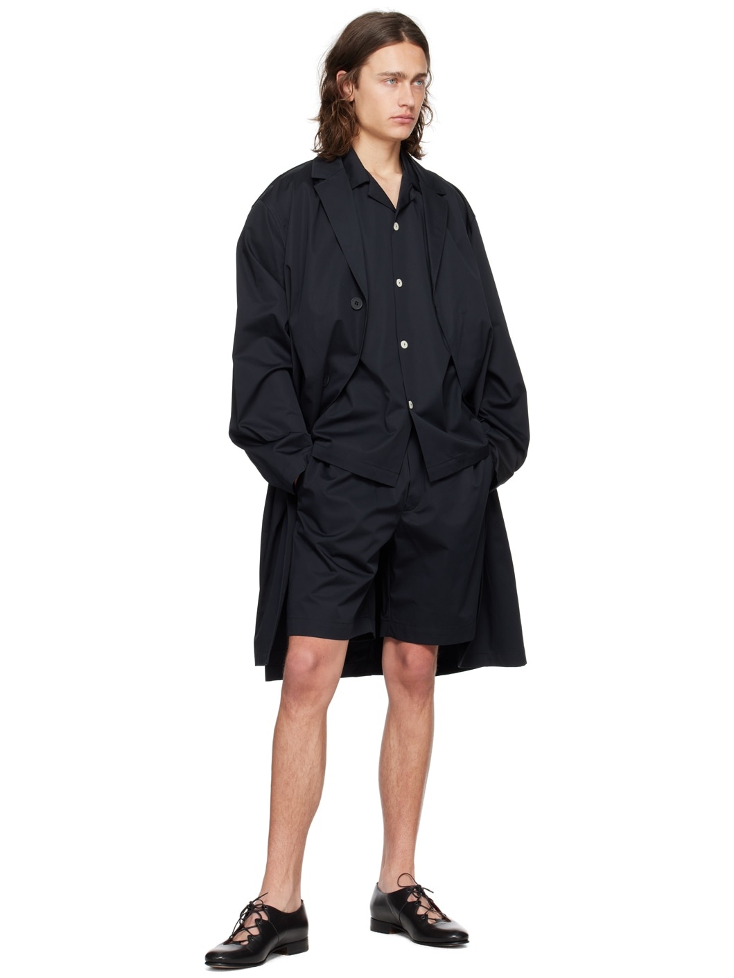 Black Notched Lapel Trench Coat - 4