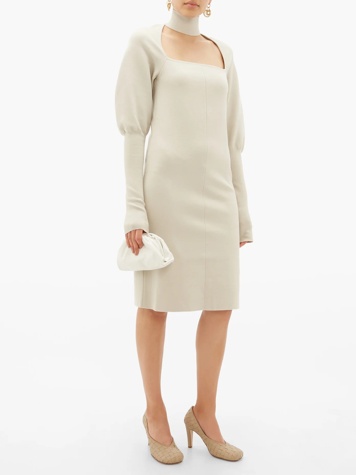 Choker gigot-sleeve wool-blend dress - 2