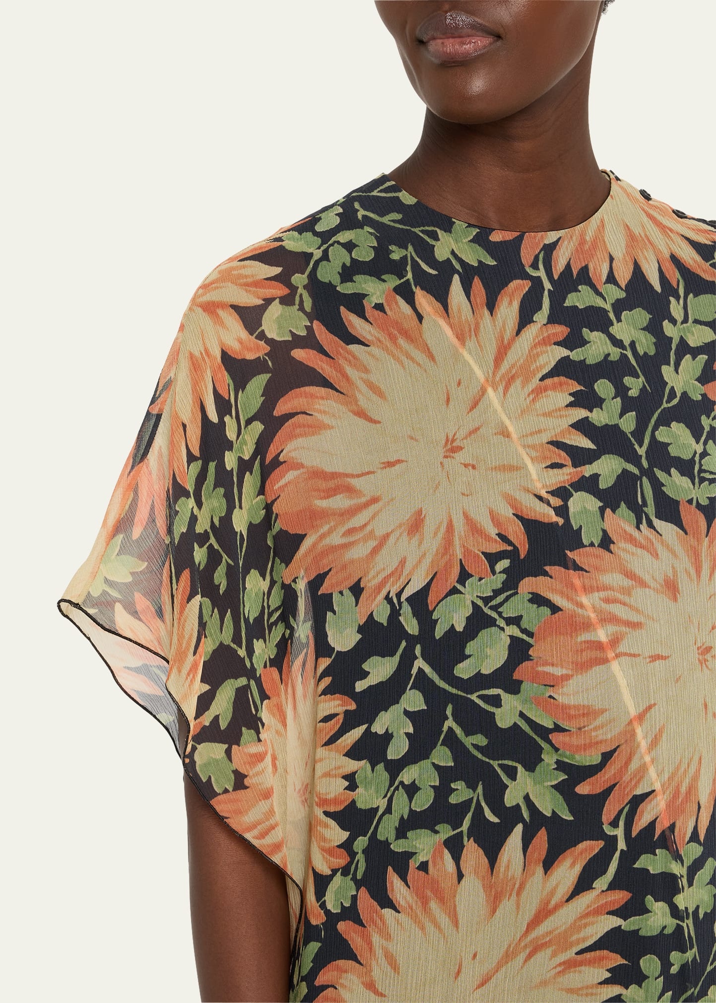 Long Floral Print One-Sleeve Chiffon Silk Dress - 5