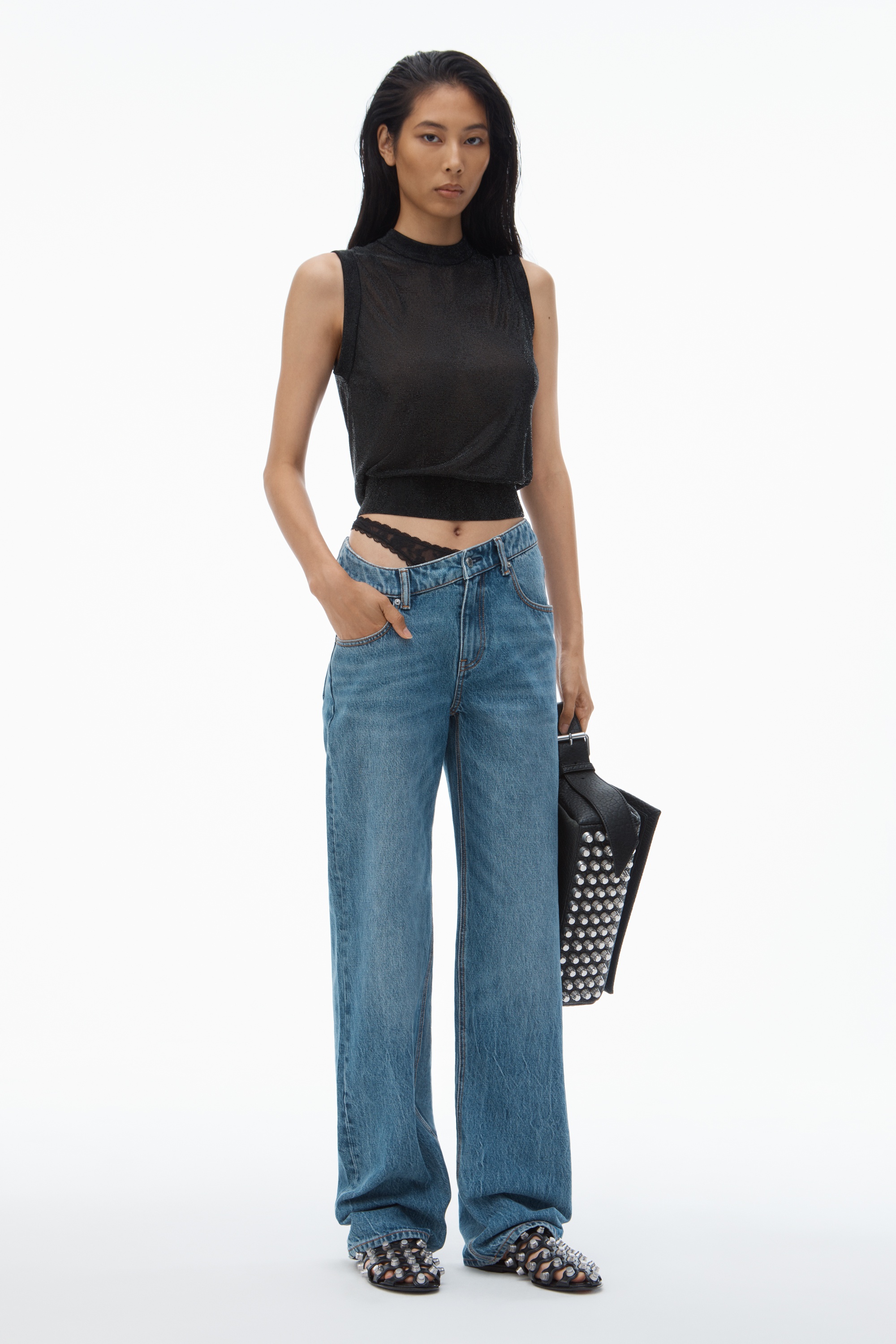 Pre-Styled Denim Jeans with Asymmetrical Lace Waistband - 2