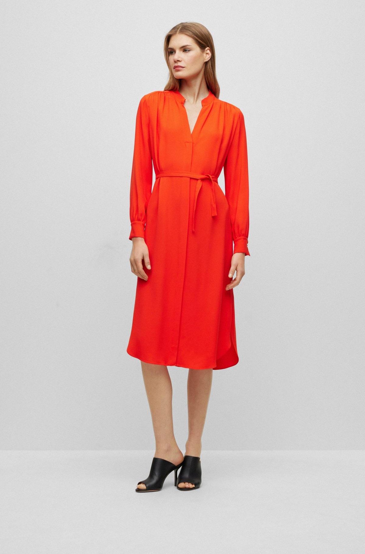BELTED DRESS WITH COLLARLESS V NECKLINE AND BUTTON CUFFS - 3