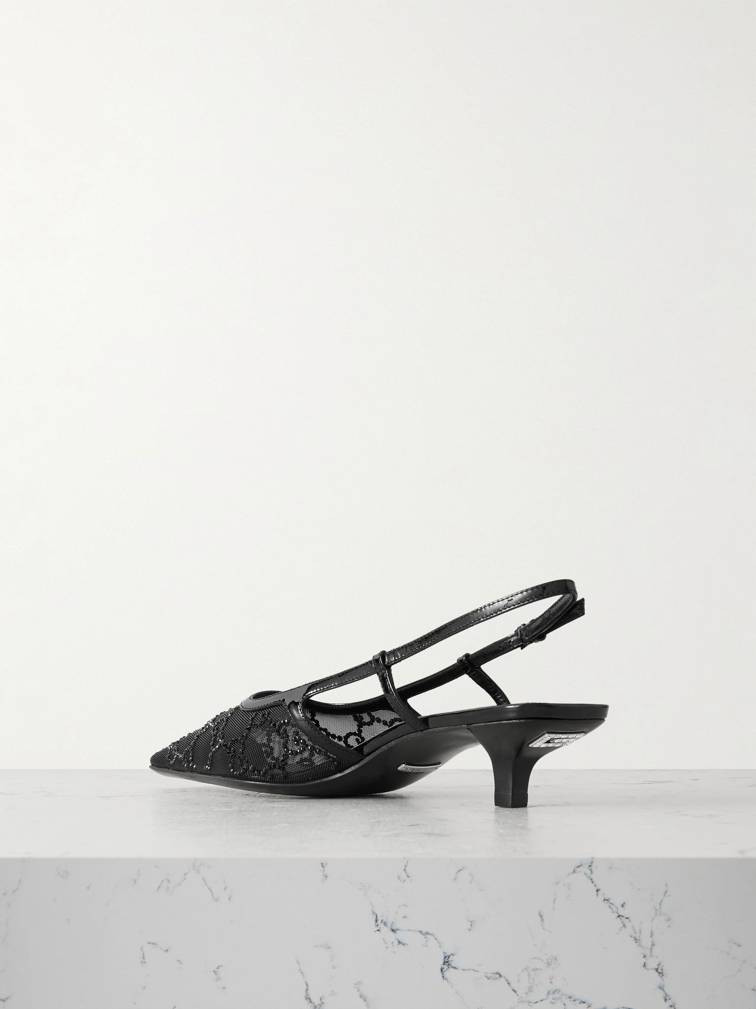 Demi patent leather-trimmed crystal-embellished mesh slingback pumps Black - 3