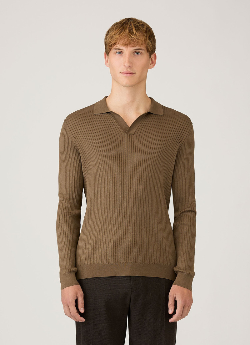 Long Sleeve Fine Rib Silk Cotton Polo Shirt 2