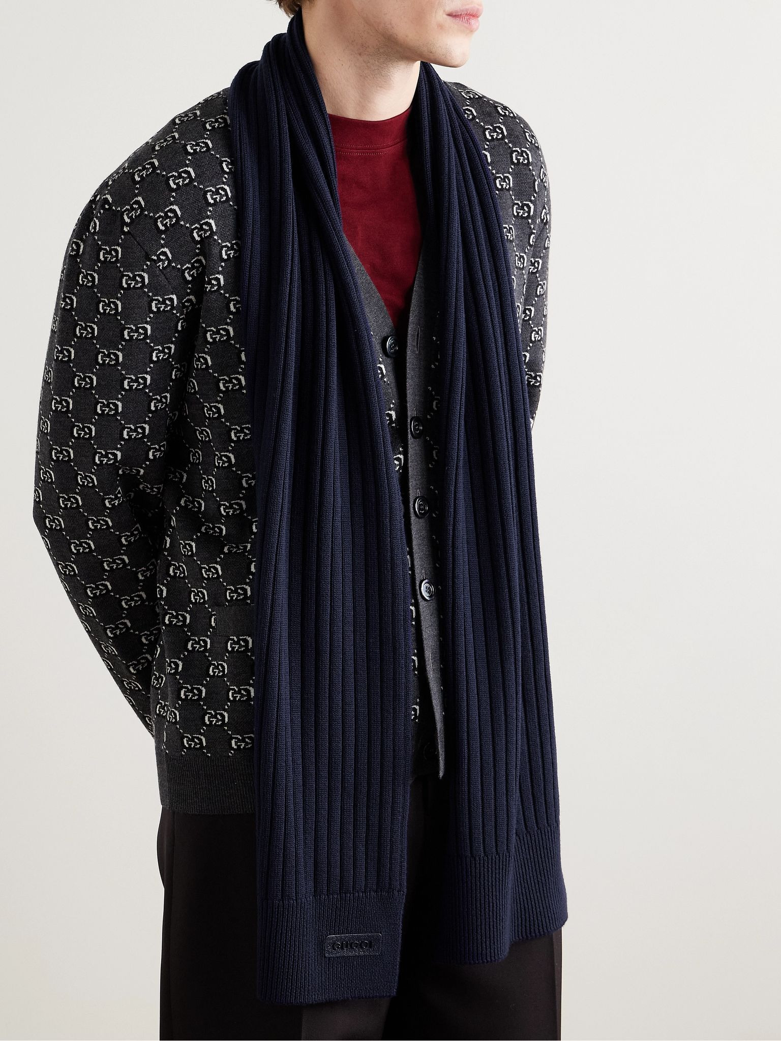 Logo-Appliquéd Ribbed Wool Scarf Midnight blue - 2