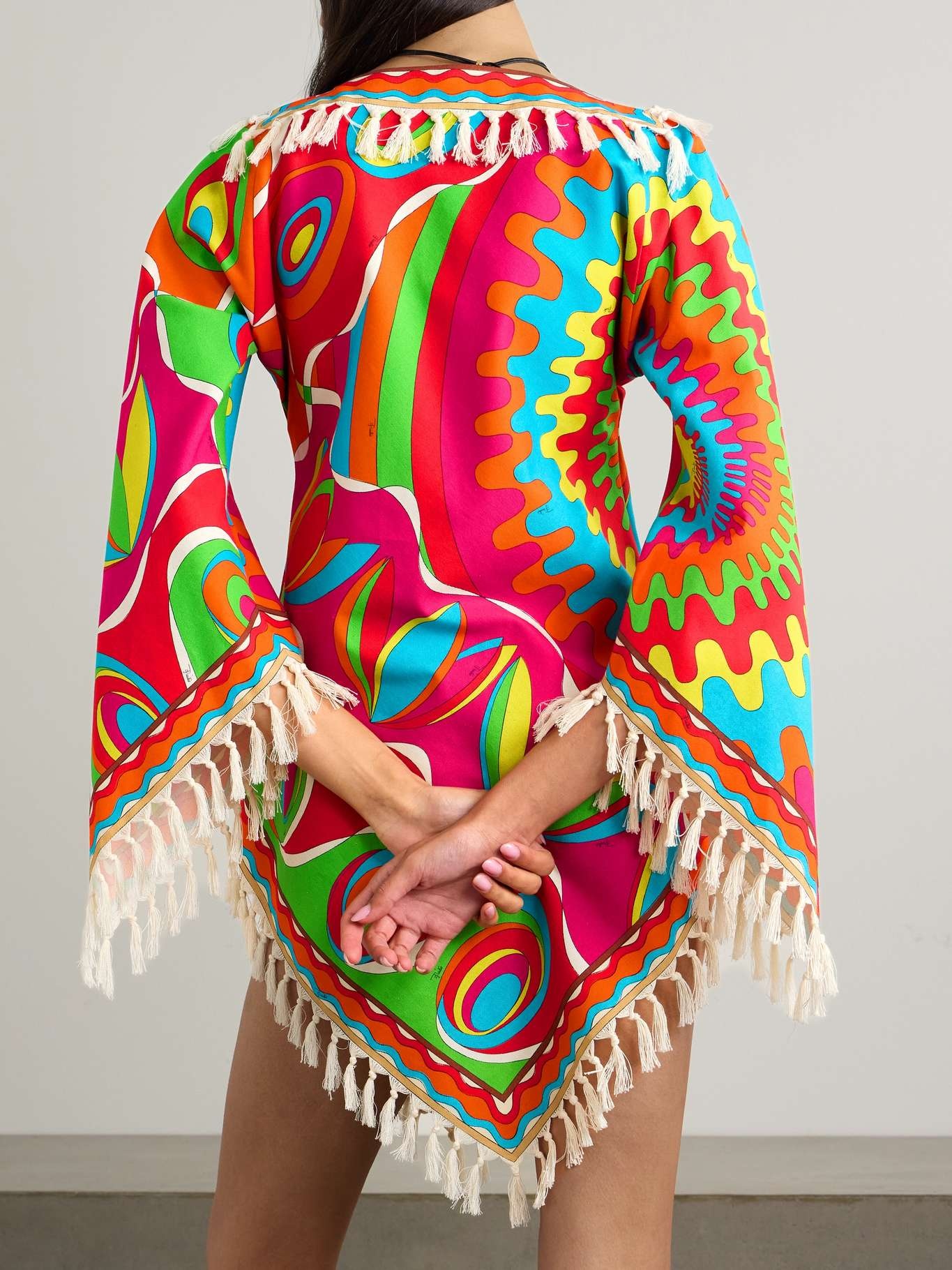 Asymmetric fringed printed cotton-twill kaftan - 3