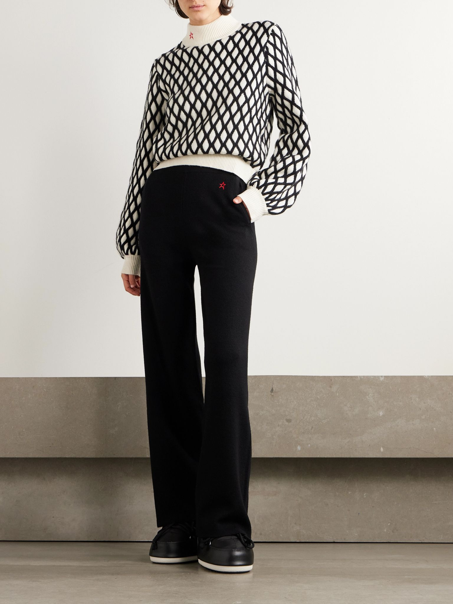 Embroidered knitted wool wide-leg pants Black - 2