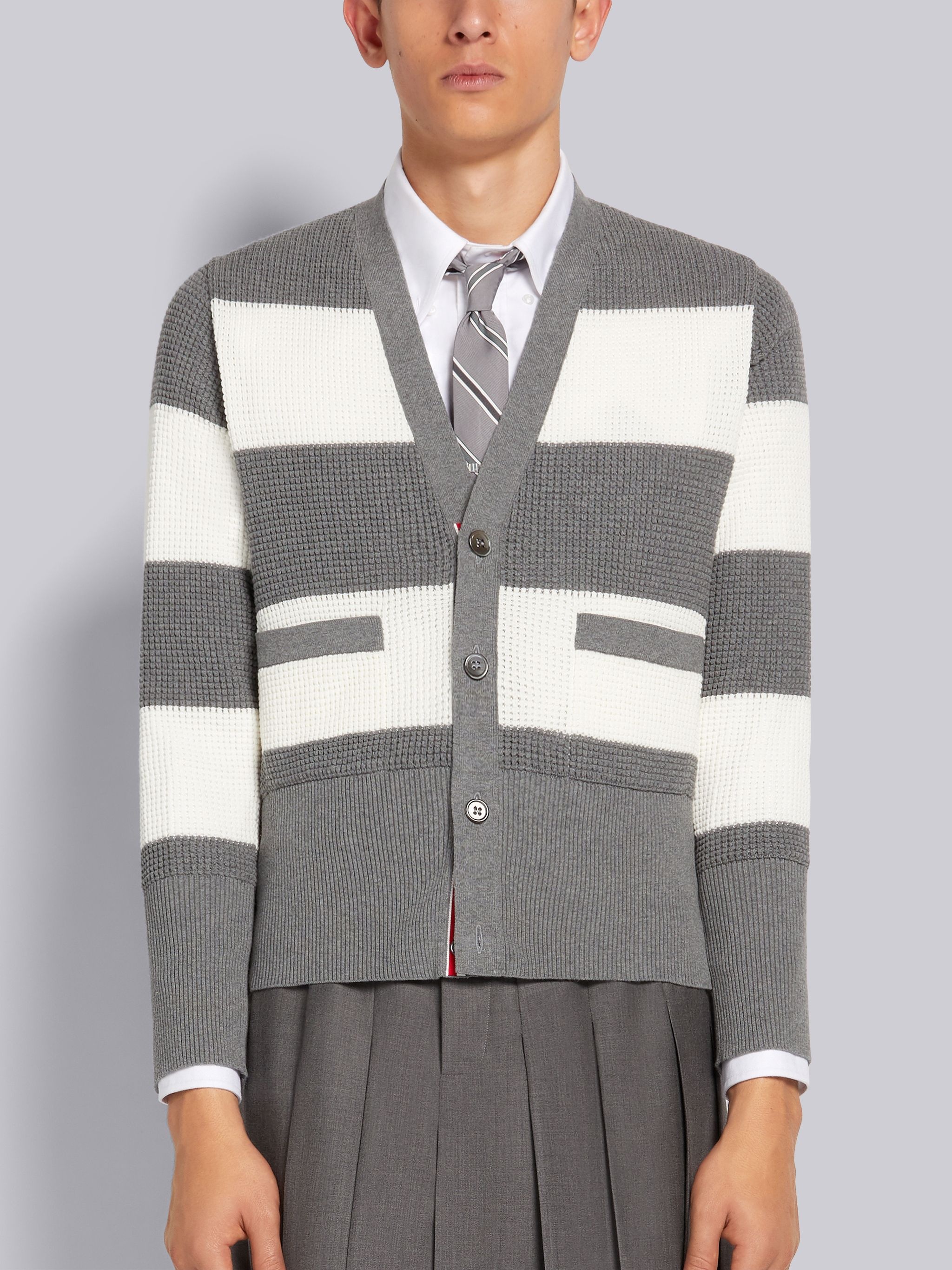 Light Grey Cotton Textured Rugby Stripe Classic Fit Cardigan - 1