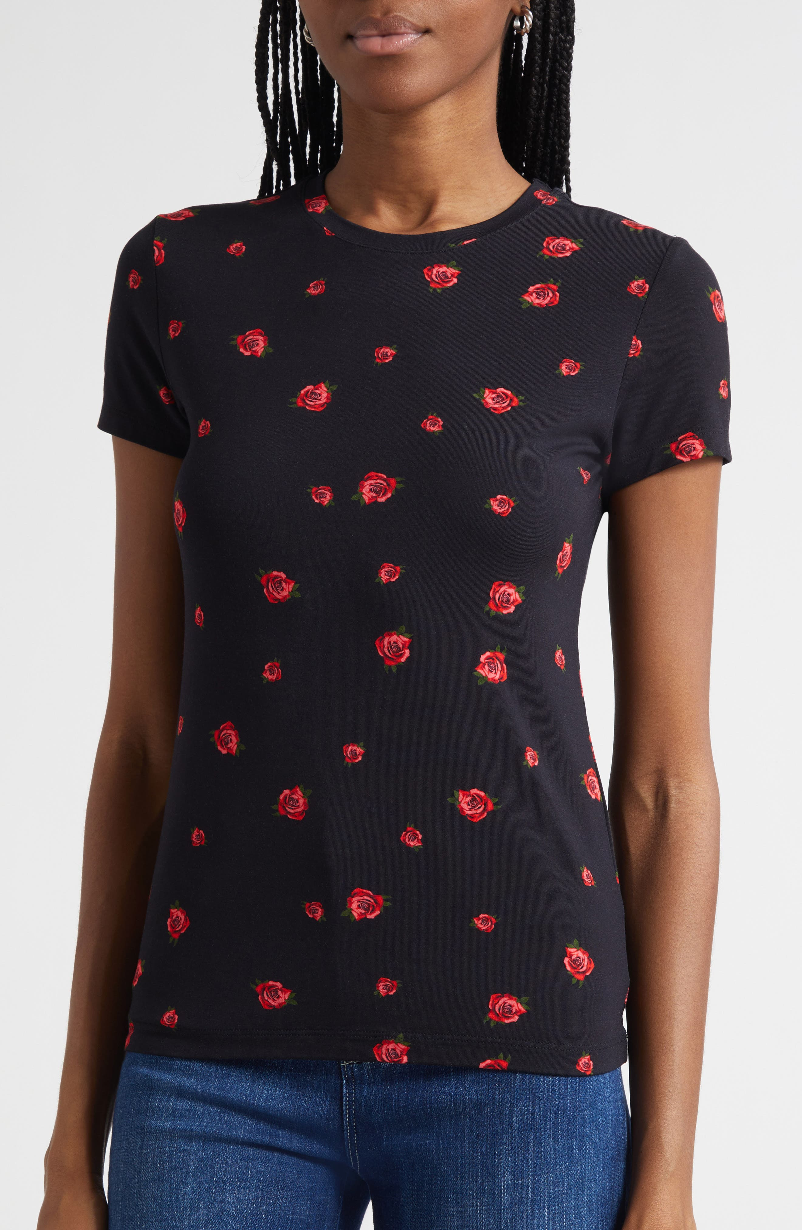 L'AGENCE Ressi Rose Print T-Shirt in Black/Red Rose Emb at Nordstrom - 4