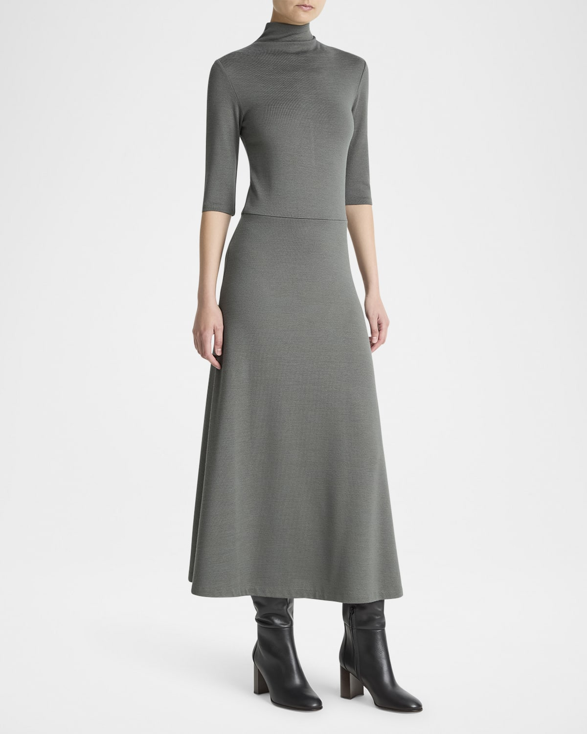 Elbow-Sleeve Turtleneck Midi Dress - 2