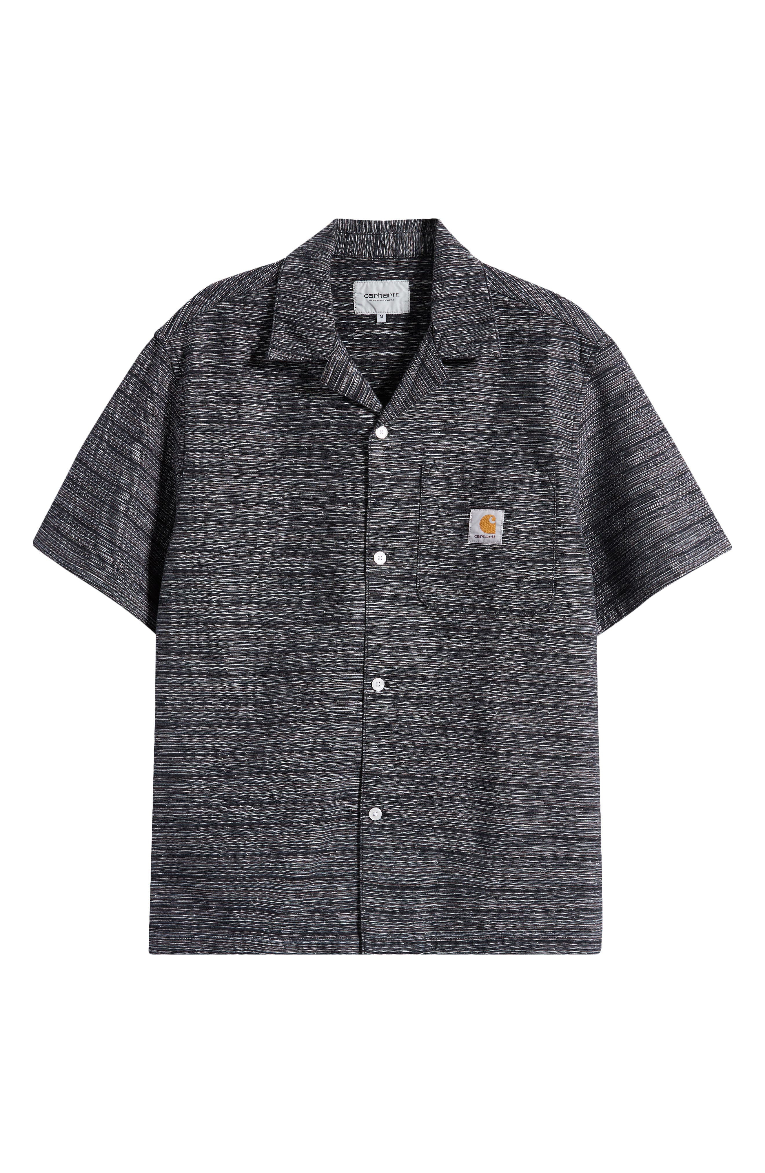 Carhartt Work In Progress Gellar Short Sleeve Cotton Jacquard Camp Shirt in Gellar Stripe, Black (Ri - 6