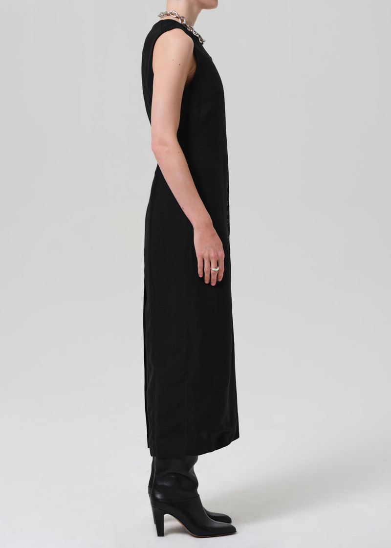 Button Dress Linen Twill In Black 4