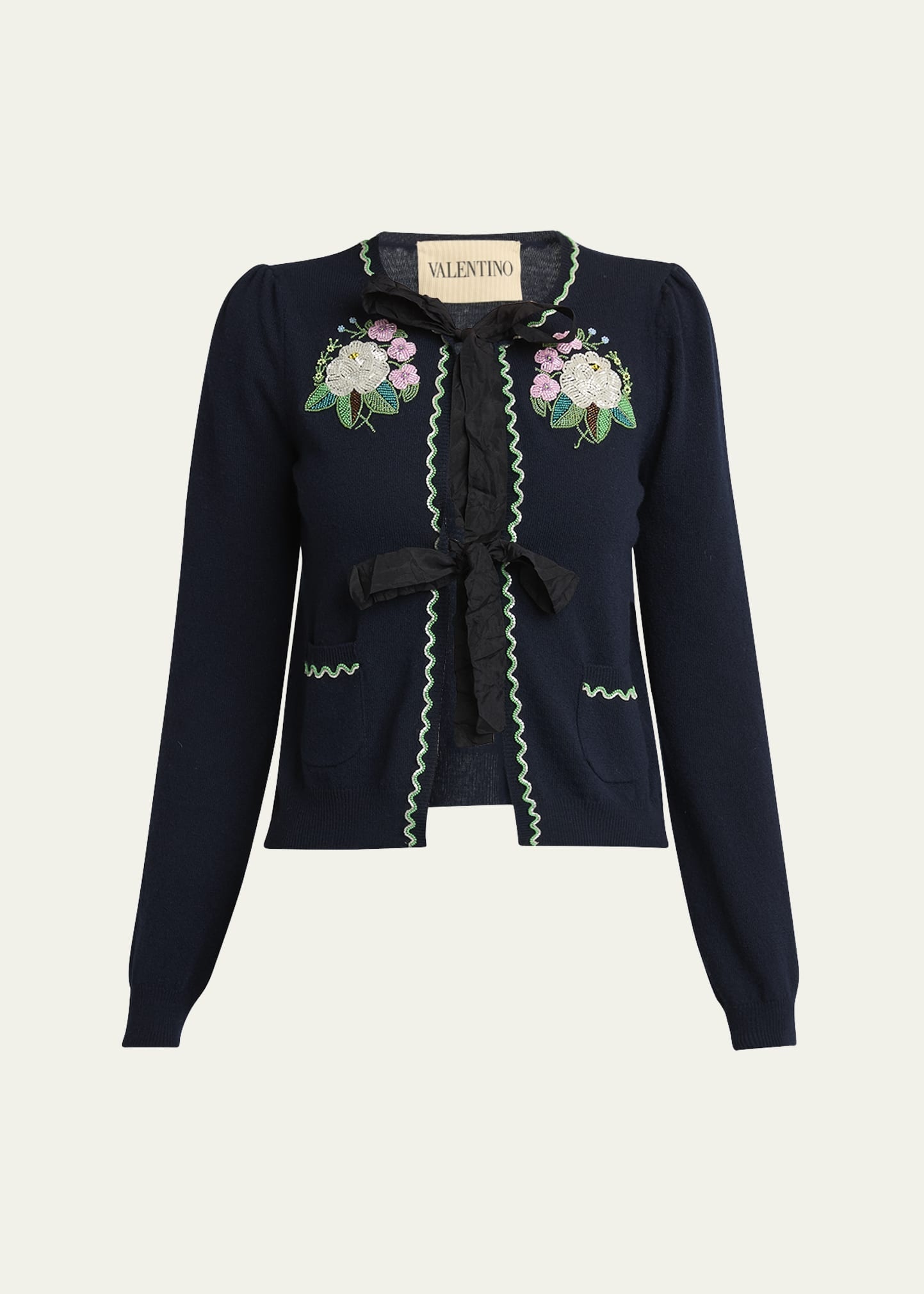 Floral Embroidered Bow-Tie Wool Cardigan - 1