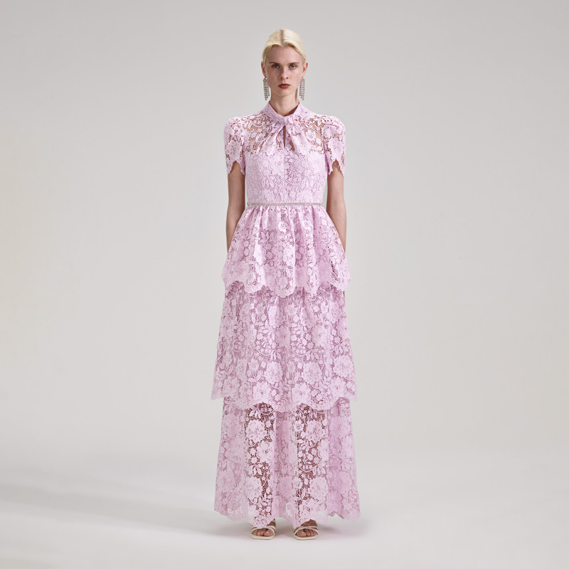 self-portrait Pink Cord Lace Tiered Maxi Dress | REVERSIBLE