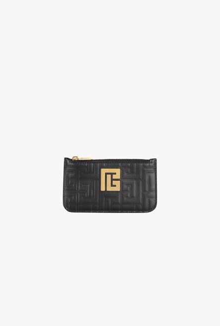 Black debossed leather card holder with Balmain monogram - 1