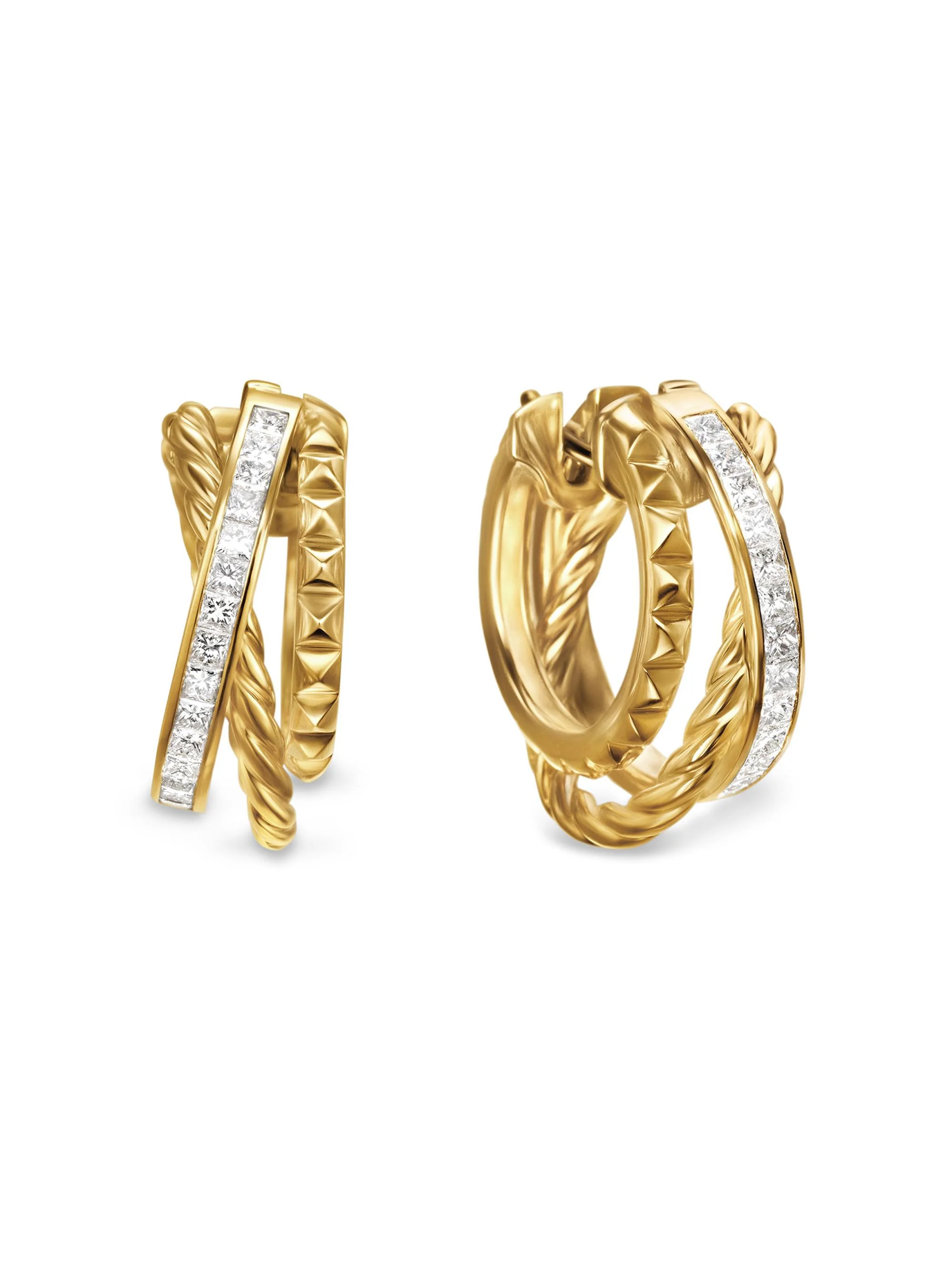 Women's Crossover Trio Multi Row Hoop Earrings in 18K Yellow Gold with Diamonds, 18MM - Diamond - 1