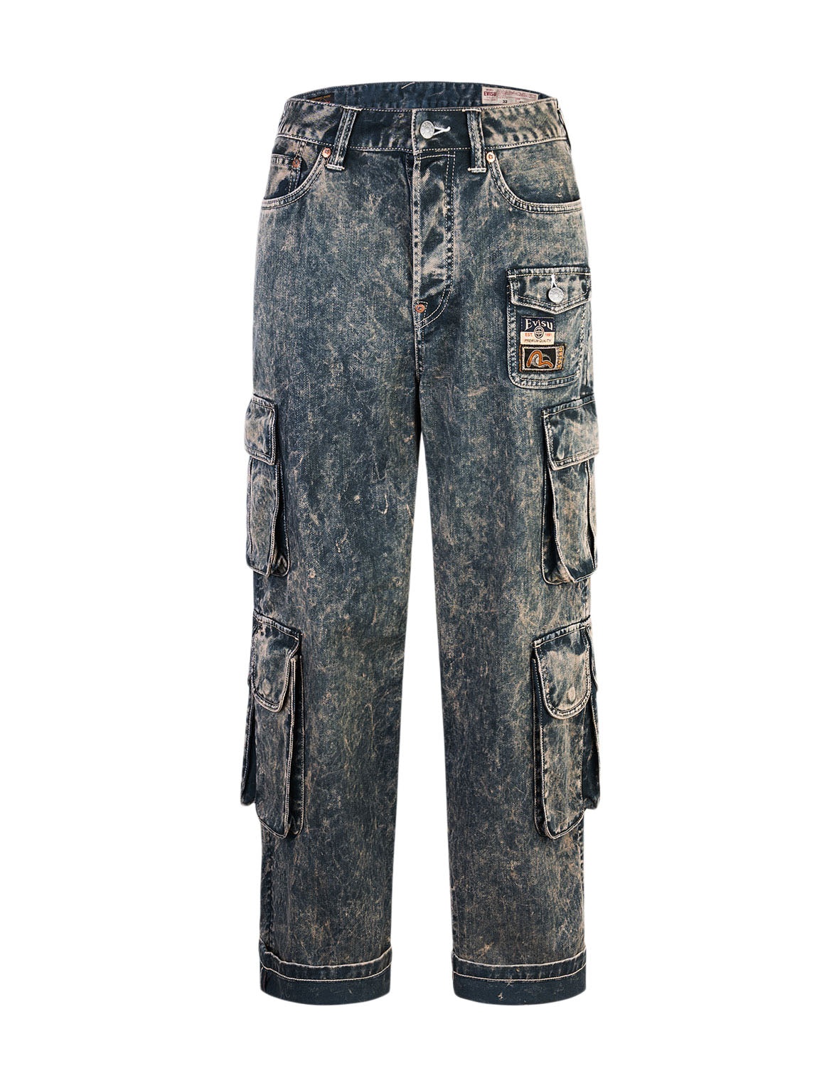 Seagull Print and Multi-Pockets Acid Wash Baggy Cargo Jeans - 10