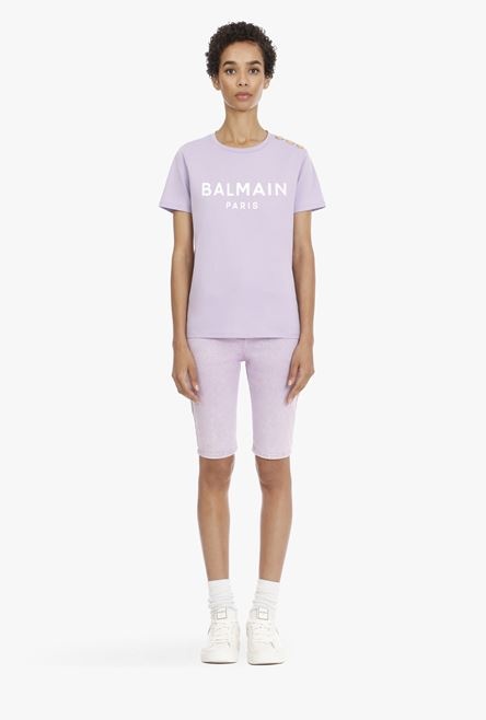 Lilac cotton T-shirt with flocked white Balmain logo - 4