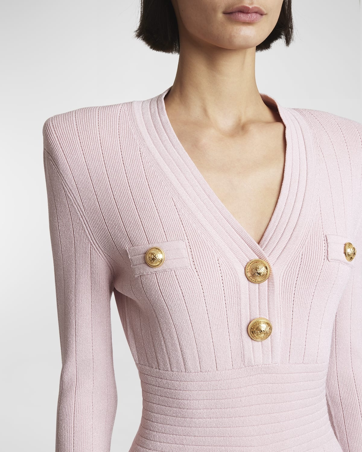 Long-Sleeve Buttoned Short Knit Dress - 5