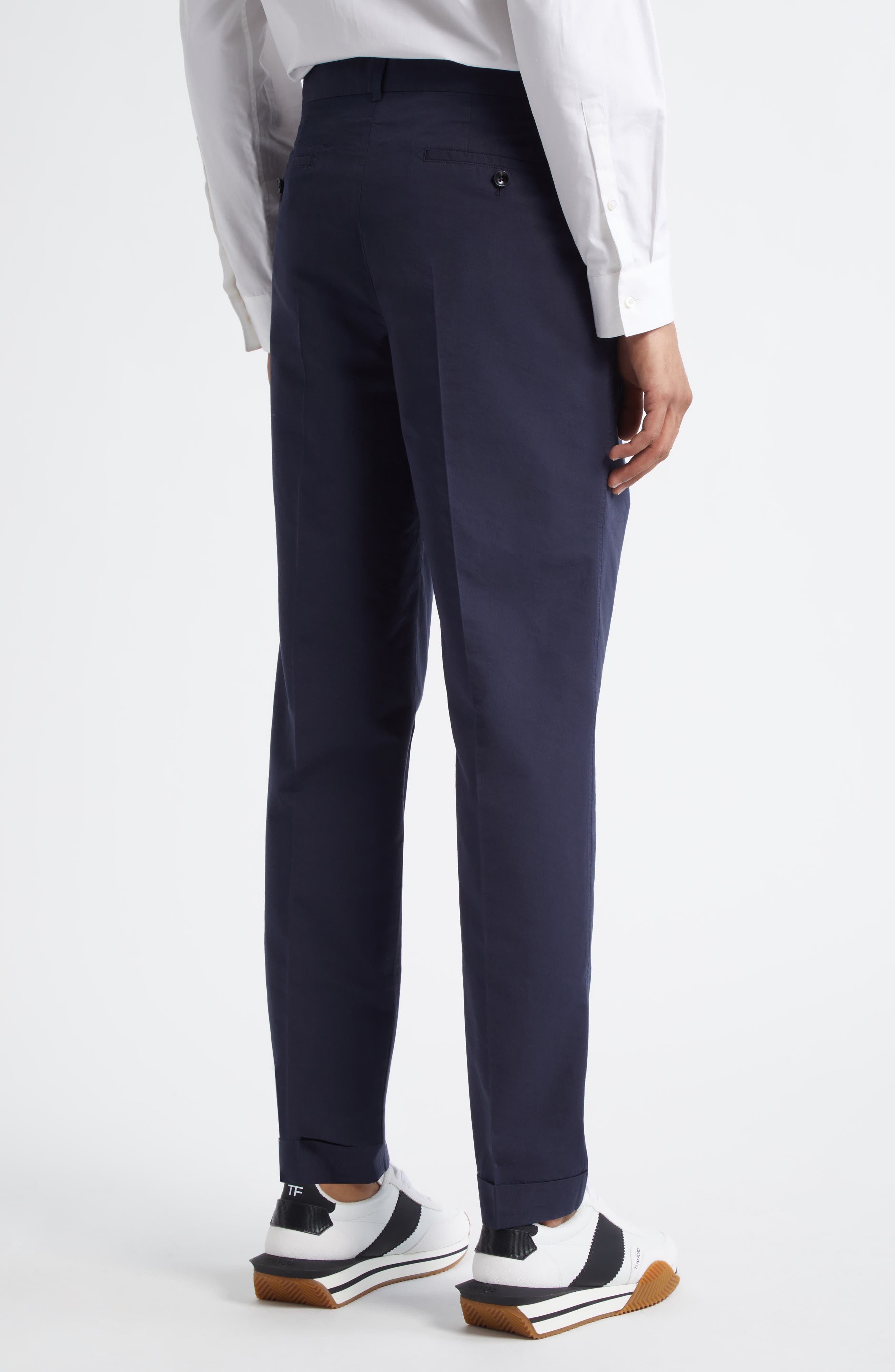 TOM FORD Fluid Double Pleat Cotton & Silk Poplin Pants in Navy at Nordstrom - 3