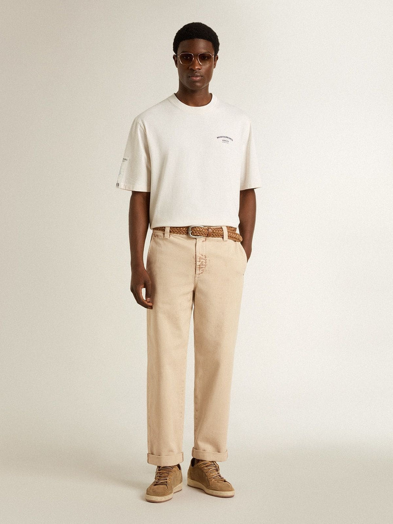 Men's beige chinos with a lived-in look finish 3