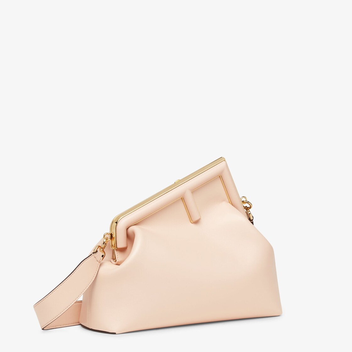 Medium Fendi First bag made of soft, pale pink nappa leather with an oversized metal F clasp bound i - 2
